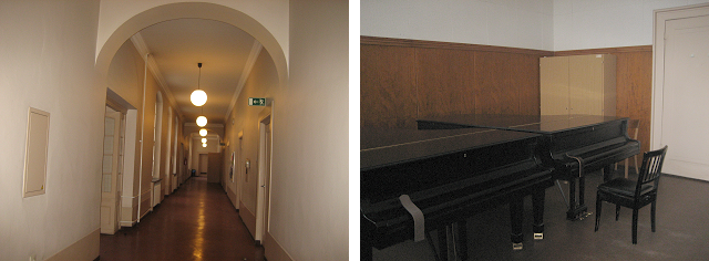 （左）校舎内は冬でも暖かく、天井が高くてよく響きます。（右）レッスン室には鍵のかかったスタインウェイ2台に練習用ヤマハが1台。